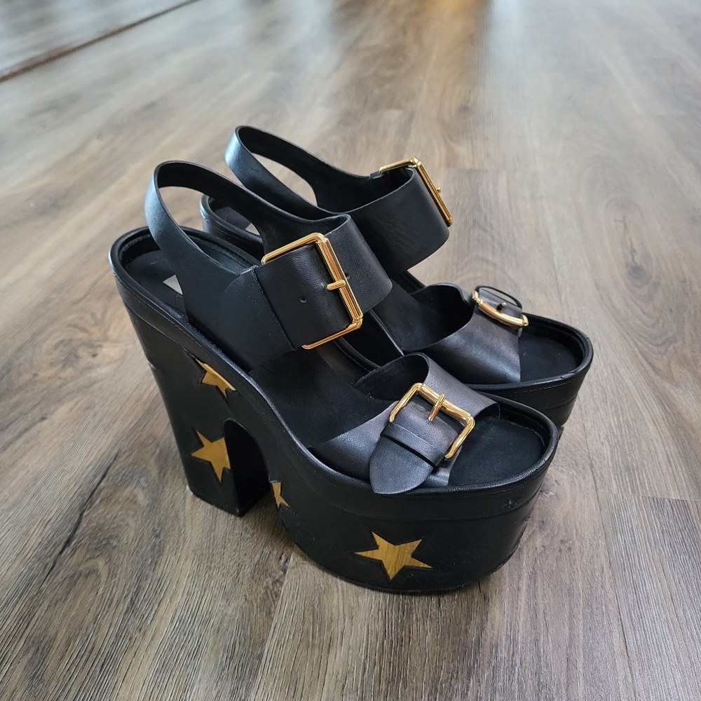 Stella McCartney Black Platform Sandals with Gold Accents
